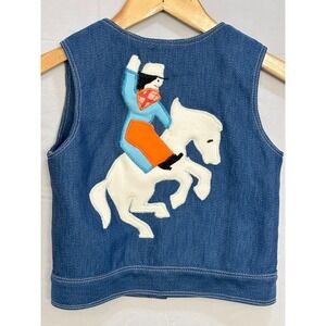 Denim Vest Kids Blue Button Front Native Horse Rider Design Patch Vintage Clean